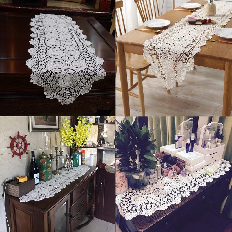 Damanni Oval Cotton Handmade Crochet Lace Table Runner Doilies Dresser Scarf ,15 Inch by 63 Inchï¼ŒBeige - Image 2